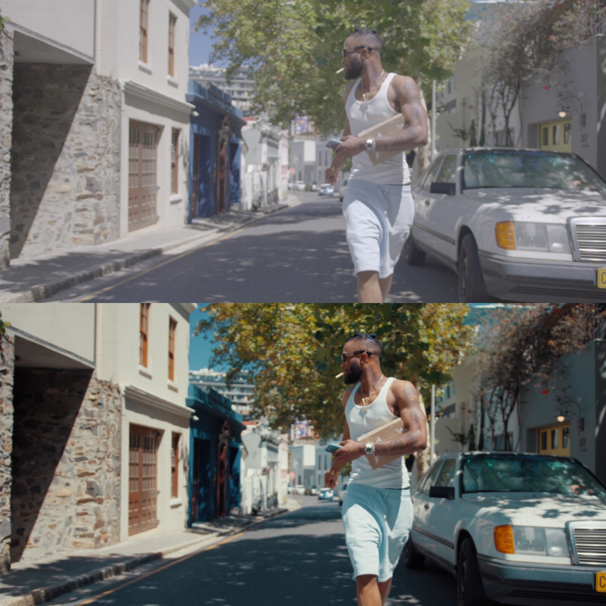 Before and after comparison showing color grading transformation using Goat LUT cinematic preset